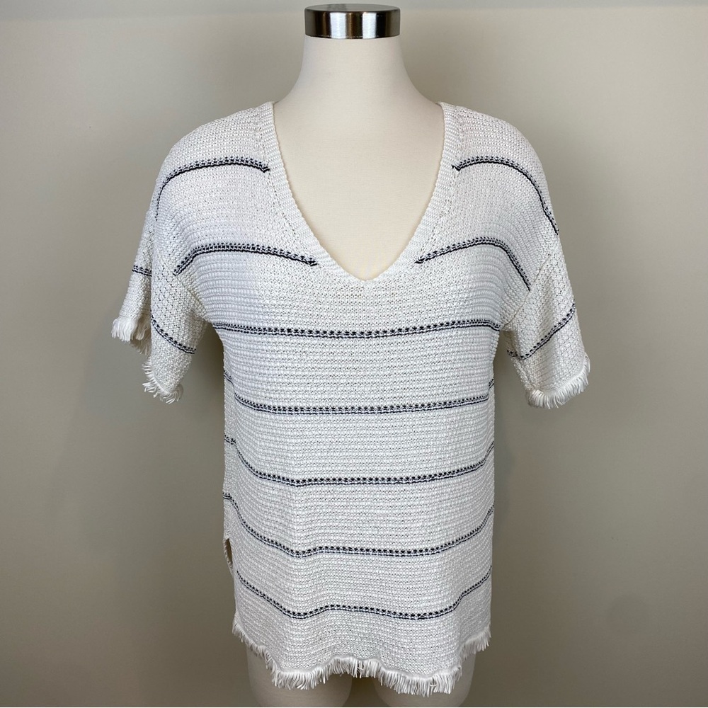 Lou & Grey Fringe Short Sleeve Pull Over Open Knit Striped Sweater Size S‎ Cream